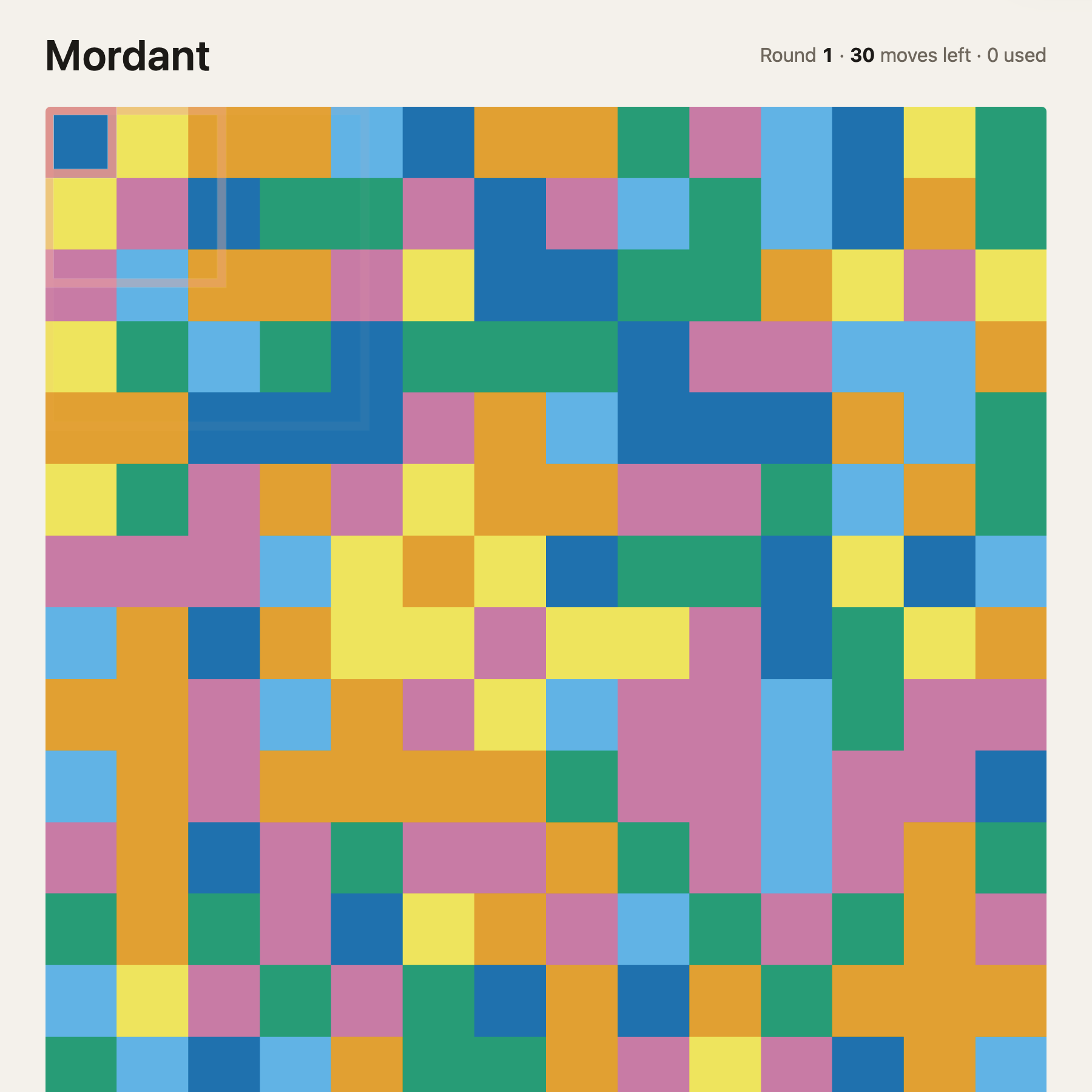 Mordant's board mid-game, a grid of six colors partway through being recolored